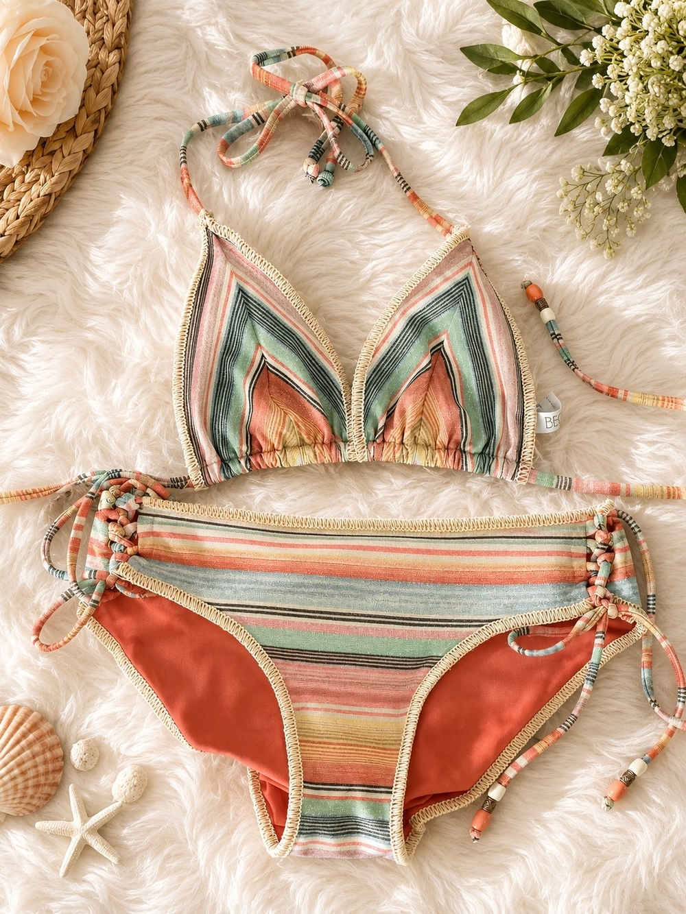 BECCA Multicolor Striped Bikini in Coral, Green & Yellow Retail $130